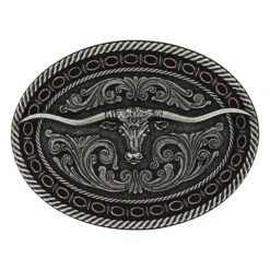 Montana Silversmiths Two Tone Oval Barbwire Edge Longhorn Buckle