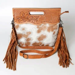 American Darling Brown & White Hide Tooled With Fringe Purse -Western Cowboy Equipment Sale ADBGS145TAWa
