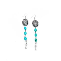 Turquoise Drop With Silver Concho Earrings -Western Cowboy Equipment Sale E699TQ