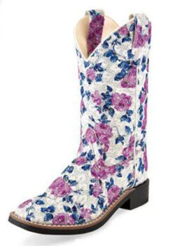 Children's White And Lilac Floral Square Toe Boots